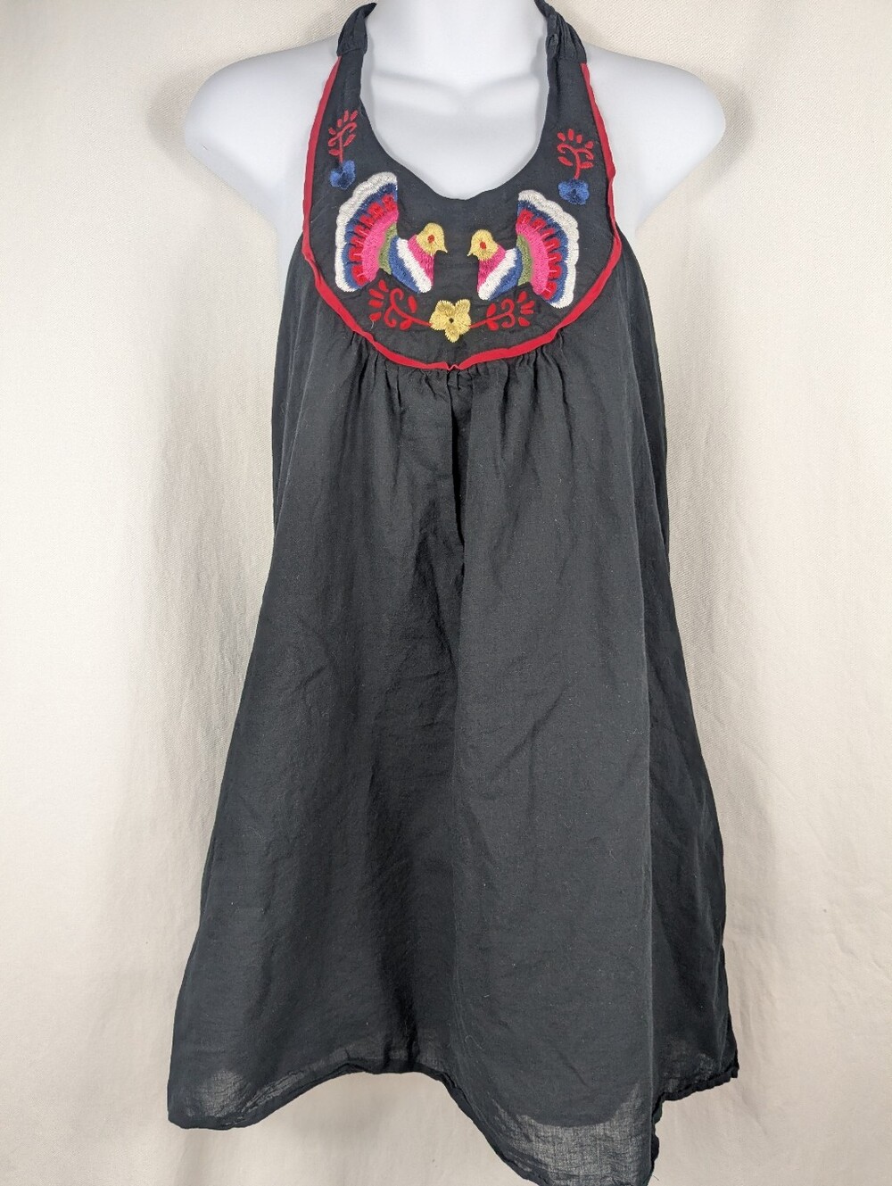 VaVa by Joy Han Embroidered Cotton Black Halter Dress | Boho Folk Bird Motif